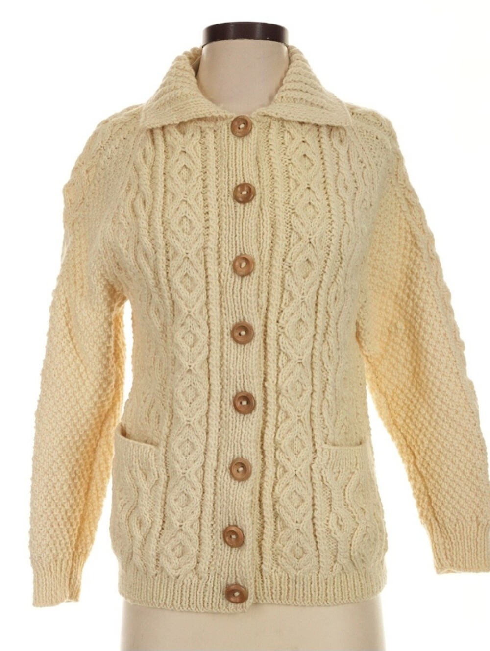 Inverallan Cardigan Fisherman Collarded Ivory Aran Wool S Scotland Hand Knit